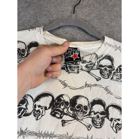 VTG Y2K Top Heavy Skull Barbed Wire Shirt Men XL White Black Grunge Rock N Roll - Picture 5 of 5